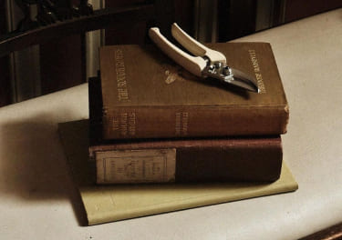 A pair of scissors sits on top of a stack of books.