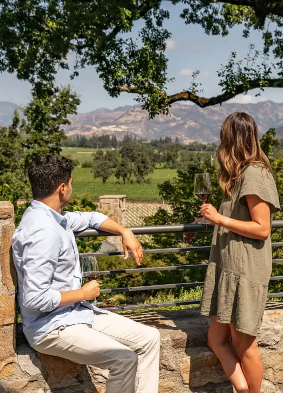 A man and woman sitting on a stone overlooking a vineyard.