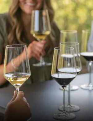 A group of people at a table with wine glasses in front of them.