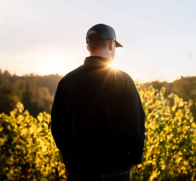 A man in a hat is standing in a vineyard.