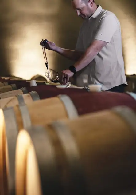 A man pouring wine into barrels in a wine cellar.