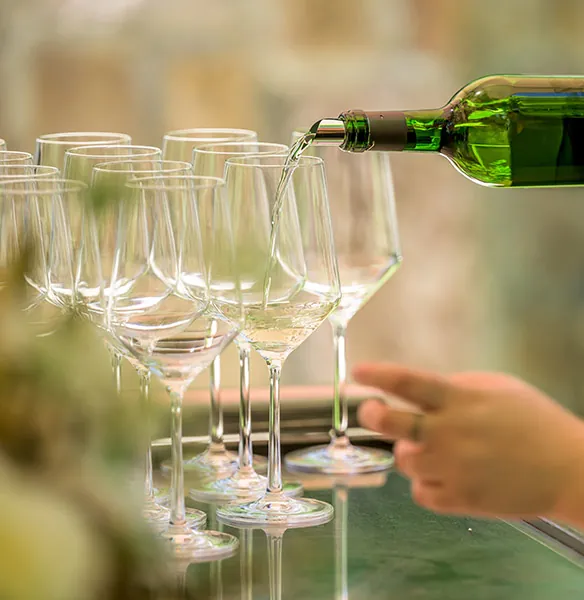 A hand pours white wine from a green bottle into a row of empty wine glasses arranged on a glass surface.