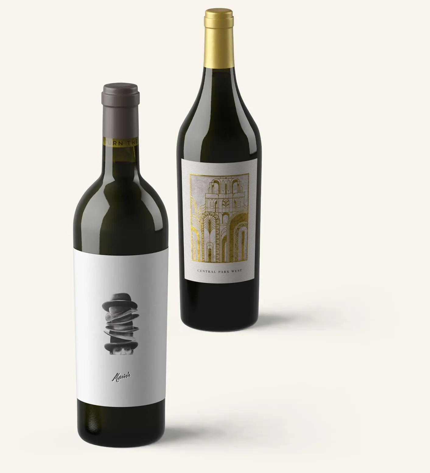 Two bottles of wine on a white background.