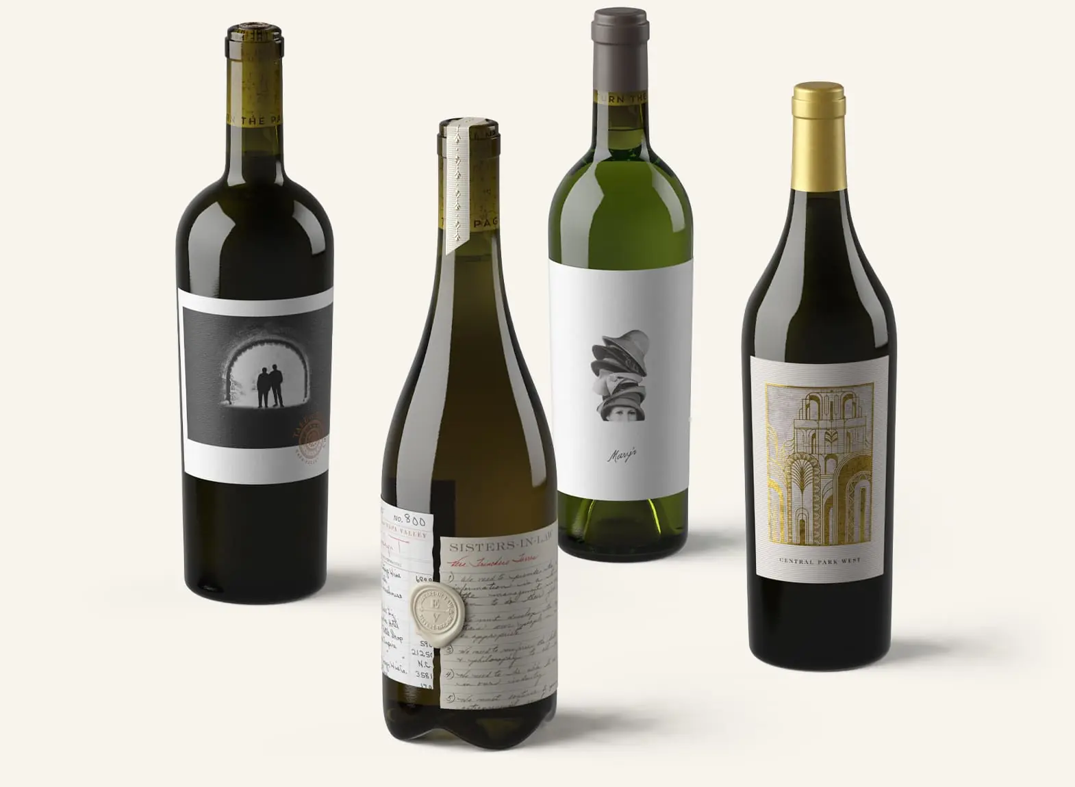 A group of wine bottles on a white background